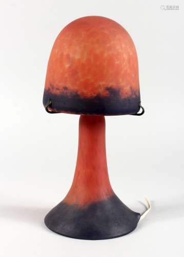 AN ART DECO GLASS LAMP, of mushroom shape, with opaque red and blue shade and base, each fitting