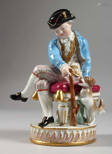 A GOOD MEISSEN PORCELAIN FIGURE OF A YOUNG MAN seated holding a gun, a dog by his side. Cross swords