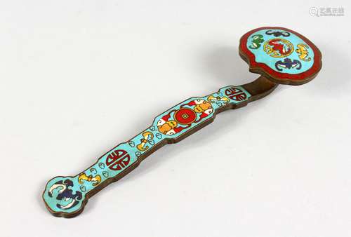 A SMALL CHINESE CLOISONNE RUYI SCEPTRE. 8ins long.