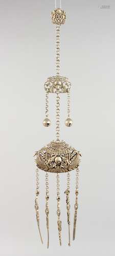 A CHINESE WHITE METAL CHATELAINE.