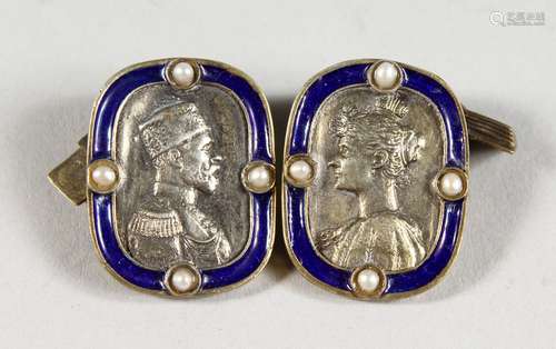 A PAIR OF RUSSIAN SILVER AND ENAMEL PORTRAIT BUST CUFFLINKS.