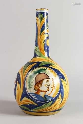 A 19TH CENTURY ITALIAN MAIOLICA POTTERY BOTTLE VASE, painted with a portrait bust, flowers and