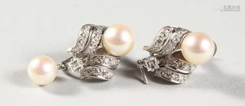 A PAIR OF WHITE GOLD, PEARL AND DIAMOND EARRINGS.