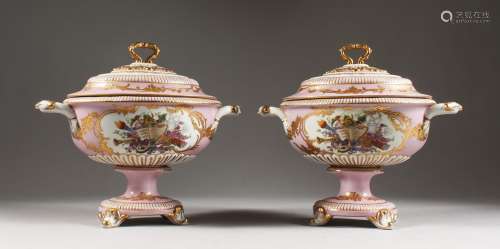 A PAIR OF SEVRES DESIGN PORCELAIN OVAL TUREENS AND COVERS, with reverse panels of musical trophies