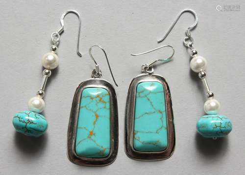 TWO PAIRS OF SILVER AND TURQUOISE EARRINGS.