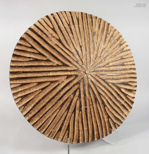 AN AFRICAN CIRCULAR WOOD SHIELD, with radically carved decoration. 23ins diameter.