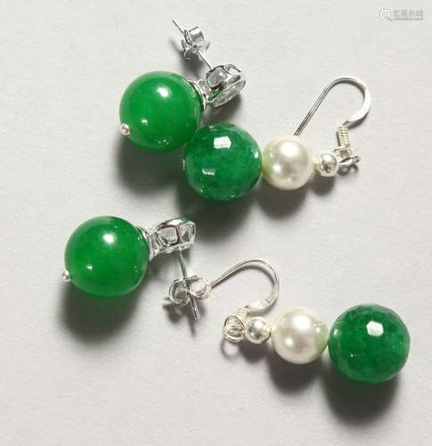 TWO PAIRS OF SILVER AND JADE EARRINGS.