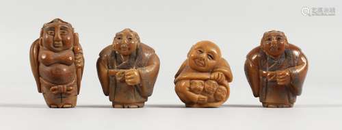 FOUR CHINESE CARVED BONE FIGURAL NETSUKES. 1.5ins high.