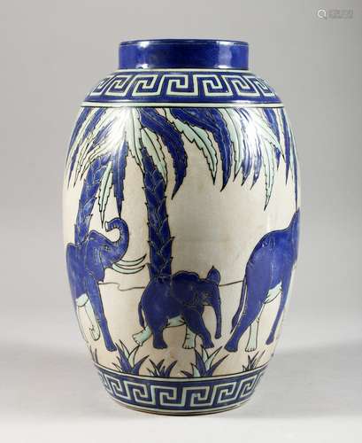 AN ART DECO DESIGN VASE, decorated with blue elephants. 12ins high.