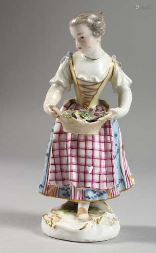 AN 18TH CENTURY MEISSEN PORCELAIN FIGURE OF A YOUNG GIRL carrying a basket of flowers (AF). 5ins