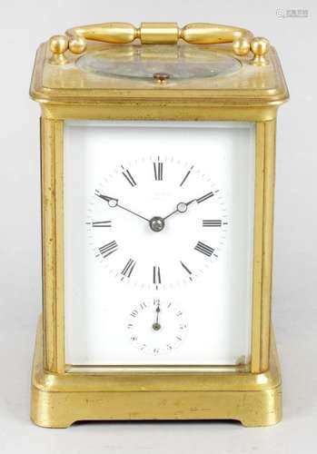 A late 19th century gilt metal cased repeater carriage clock,