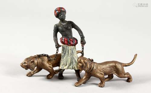 A VIENNA STYLE COLD PAINTED BRONZE OF AN ARAB AND TWO TIGERS. 5ins long.