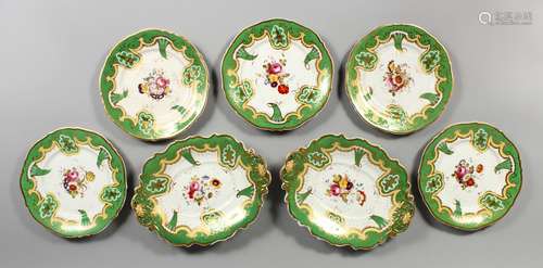 FIVE LATE 19TH CENTURY RIDGWAY PLATES, each with a floral spray to the centre within green and