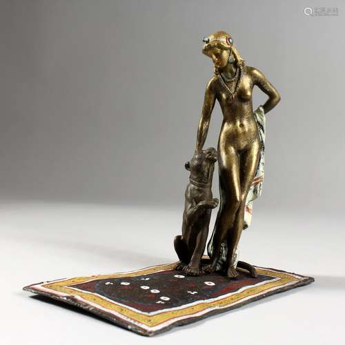 A VIENNA STYLE COLD PAINTED BRONZE OF A STANDING FEMALE AND TIGER ON A PERSIAN RUG. 6.5ins long.