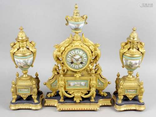 A 19th century gilt metal and porcelain mounted clock garniture,