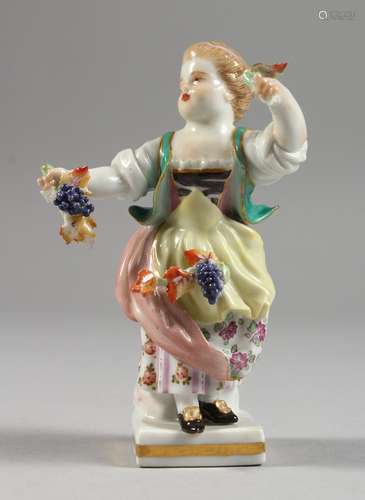 A SMALL MEISSEN PORCELAIN FIGURE OF A YOUNG GIRL carrying grapes. Cross swords mark in blue. 4ins