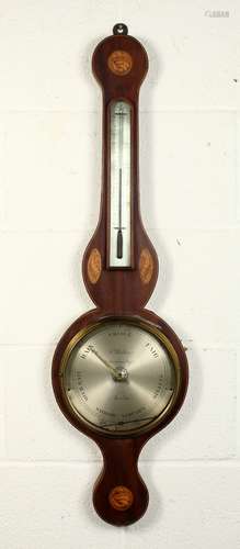 A 19TH CENTURY MAHOGANY CASED WHEEL BAROMETER/THERMOMETER by F. Molton, St Lawrence Steps,