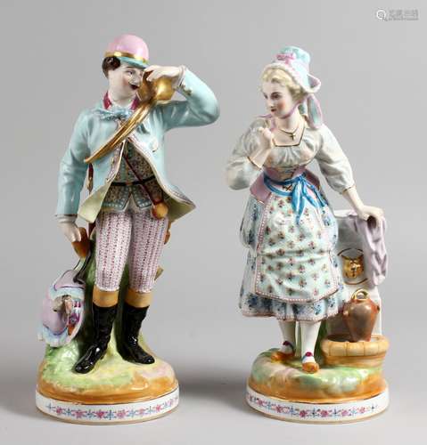 A PAIR OF LARGE CONTINENTAL PORCELAIN FIGURES, a hunter with his quarry and a lady by a fountain.