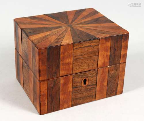 AN INLAID SEGMENTED SPECIMEN WOOD JEWELLERY BOX. 5ins wide.