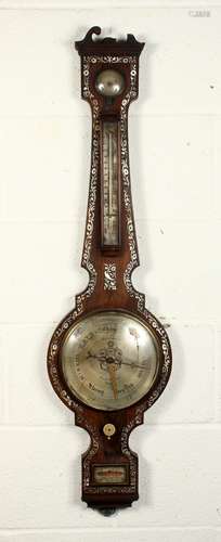 A 19TH CENTURY ROSEWOOD AND MOTHER-OF-PEARL CASED BAROMETER/THERMOMETER by Williamson, London. 3ft