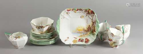 A SHELLEY SIX PLACE TEA SERVICE, Pattern No. 11724, decorated with a sunrise and autumnal trees