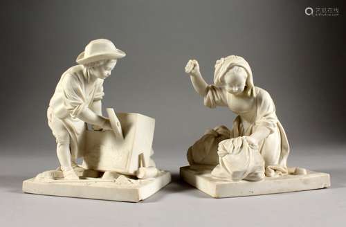 A SEVRES BISCUIT FIGURES BOTH MODELLED AS CHILDREN WEARING 18TH CENTURY DRESS, one a young boy