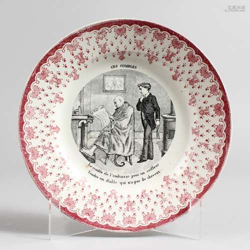 A SMALL 19TH CENTURY FRENCH PLATE, with transfer printed scene 