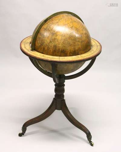 NEVIL MASKELYNE CELESTIAL GLOBE ON STAND, 17ins diameter x 38ins high, the base with three curving