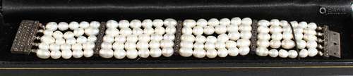 A SILVER, MARCASITE AND FIVE-ROW PEARL BRACELET.