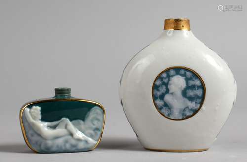 A SMALL PATE-SUR-PATE DECORATED BOTTLE VASE, and a similar Limoges perfume bottle. 4.25ins and