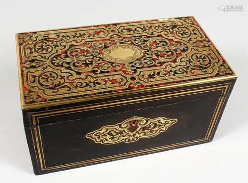 A 19TH CENTURY BOULLE BRASS INLAID TWO-DIVISION TEA CADDY. 9ins long.