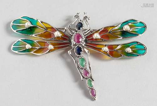 A SILVER GEM-SET DRAGONFLY BROOCH.