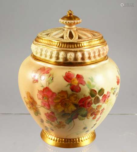 A ROYAL WORCESTER BLUSH IVORY POTPOURRI and two covers, painted with flowers on a blush ivory