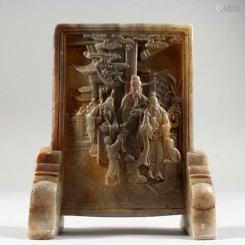 A SMALL CHINESE CARVED JADE TABLE SCREEN. 7.5ins high.