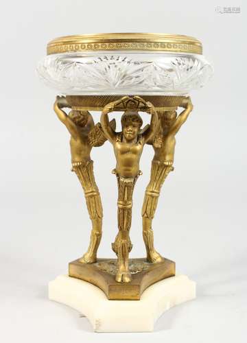 AN EMPIRE CUT GLASS AND ORMOLU BOWL, with caryatid figures, on a shaped marble base. 8ins high.