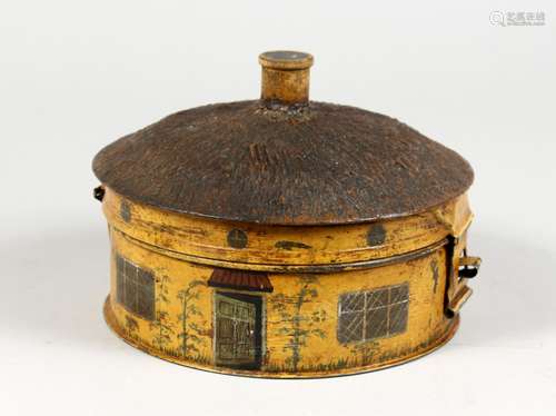 A VERY GOOD TOLEWARE CIRCULAR COTTAGE SHAPED SIX-DIVISION SPICE HOUSE, with thatched type roof. 7ins