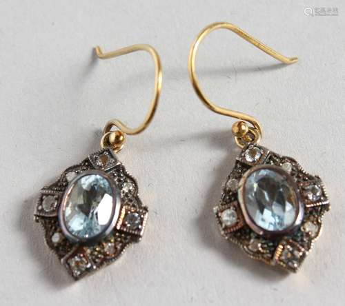 A PAIR OF 9CT GOLD, BLUE TOPAZ AND DIAMOND DROP EARRINGS.