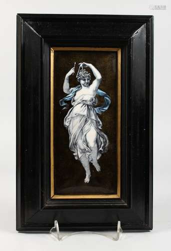 A GOOD LIMOGES PLAQUE OF A CLASSICAL YOUNG LADY playing a triangle. 8ins x 3.5ins, framed.