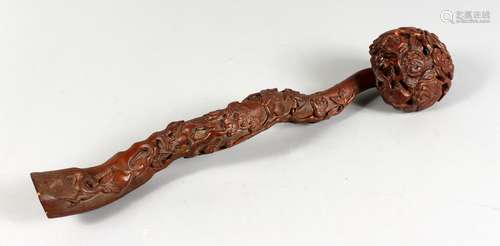 A CHINESE CARVED WOOD RUYI SCEPTRE. 16ins long.