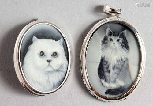 A SILVER FRAMED CAT PENDANT AND BROOCH.