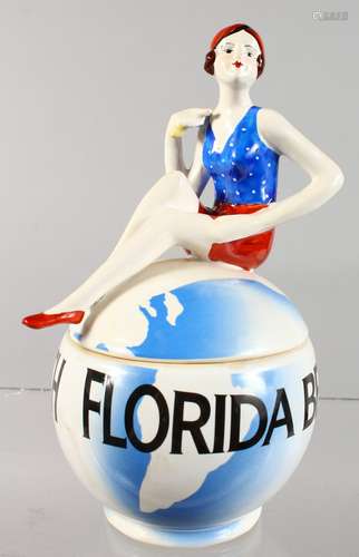 A DECO DESIGN FLORIDA BEACH GLOBE BOWL AND COVER. 7.5ins high.