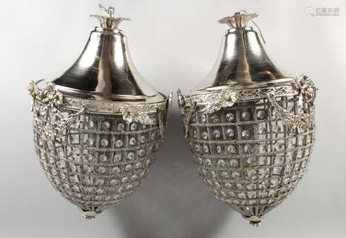 A PAIR OF PINEAPPLE SHAPED CUT GLASS AND SILVERED CEILING LIGHTS. 19ins high.