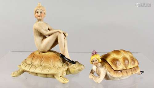 TWO PORCELAIN TORTOISES WITH LADIES.