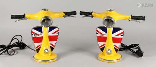 A PAIR OF VESPA SCOOTER TABLE LAMPS. 13ins high.