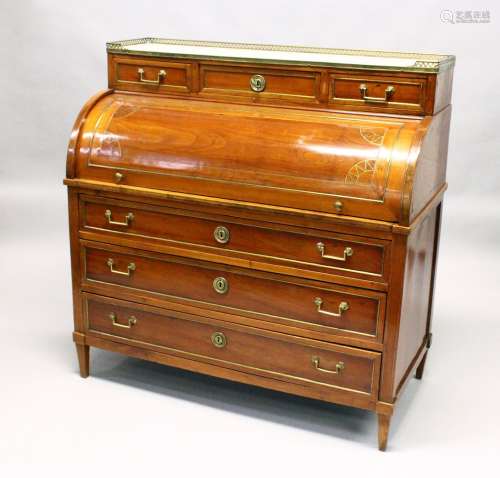 A 19TH CENTURY CONTINENTAL FRUITWOOD CYLINDER BUREAU, with brass galleried marble top, over three
