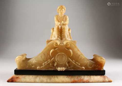 A 19TH CENTURY CARVED ALABASTER AND MARBLE SCULPTURE, with an Ottoman figure seated on an ornate