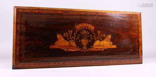 A 19TH CENTURY ROSEWOOD AND INLAID MUSICAL BOX (lacking mechanism). 54cms long x 22cms wide x