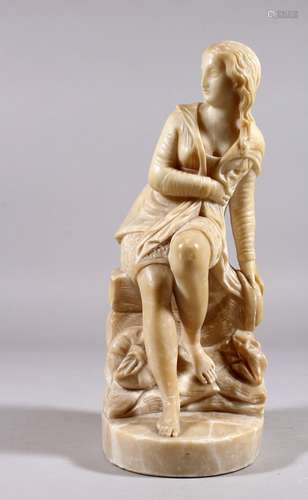 A GOOD 19TH CENTURY FRENCH CARVED ALABASTER FIGURE OF A YOUNG GIRL sitting on a rock. 9.5ins high.