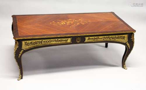 A FRENCH STYLE MAHOGANY, MARQUETRY AND ORMOLU MOUNTED RECTANGULAR COFFEE TABLE. 4ft 0ins long x