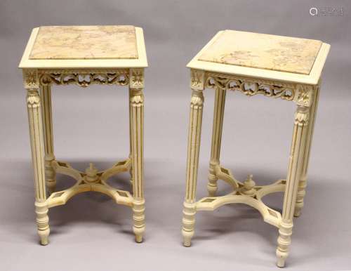 A PAIR OF FRENCH STYLE CREAM PAINTED, MARBLE TOP SQUARE LAMP TABLES. 2ft 4ins high x 1ft 4ins wide.
